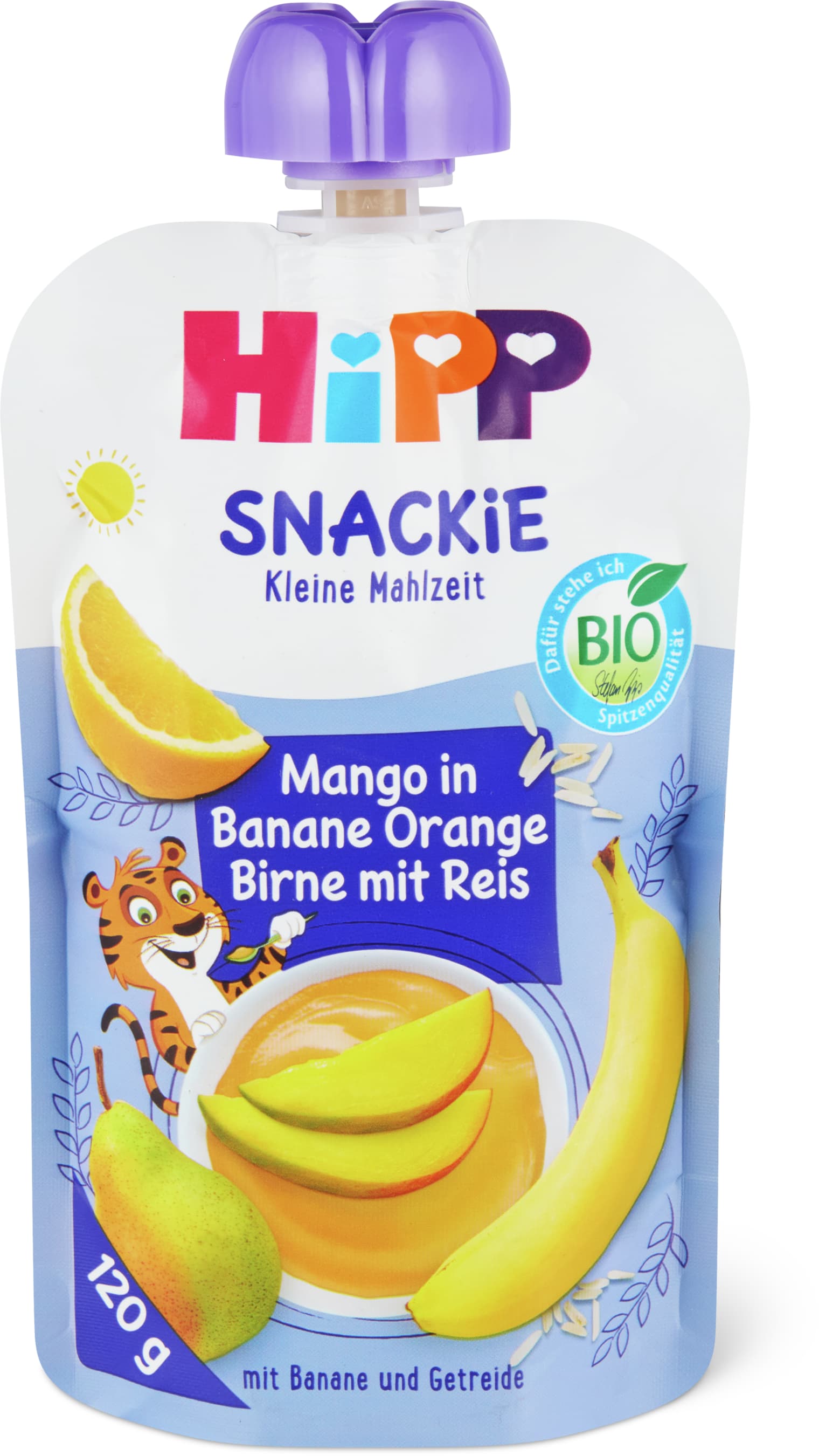 Hipp Mango con banana, arancia, pera e riso in bustina morbida Bio, da 1 anno, senza zuccheri aggiunti 120g
